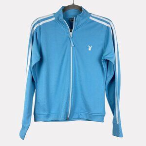 Playboy Full Zip Athletic Track Jacket Womens Medium Light Blue White Stripe
